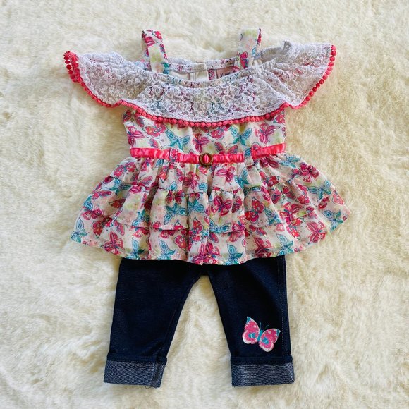 Girl’s Infant Outfit Butterfly Top Capri Denim Leggings Size 12 months Spring - Picture 1 of 14
